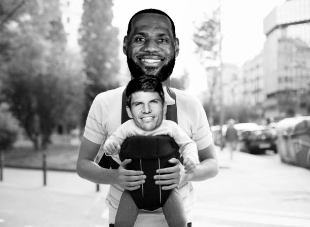 Artistic interpretation of LeBron James carrying Kyle Korver. Other teammates not pictured, but also carried.