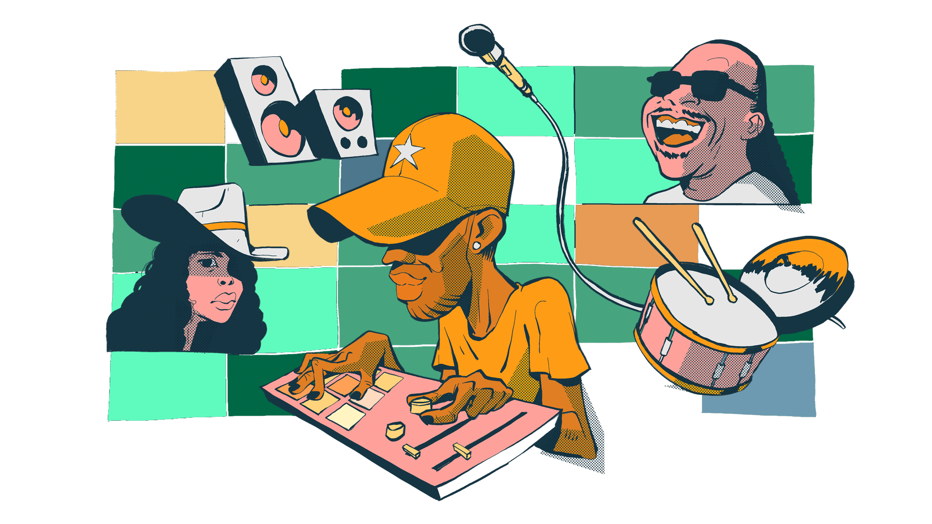 illustration of erykah badu, j dilla on his drum machine, and stevie wonder