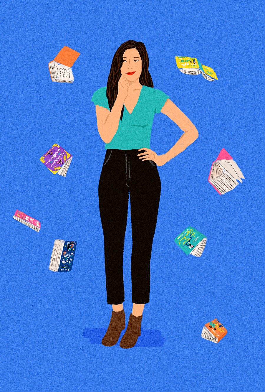 An illustrated book cover of an Asian American woman with long brown hair and red lipstick. She has one hand on her hip and the other on her chin in a curious pose. There are colorful books flying around her on a blue background.