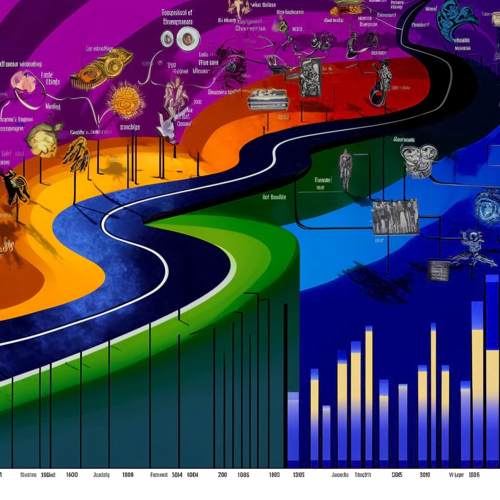 A winding path represents the emotional journey of popular music from the 1960s to the present. The path is divided into sections, each marked with distinctive styles and colors to indicate the predominant emotions of that era. The colors transition from bright and cheerful hues in the earlier decades to darker and more somber tones in recent years. Iconic symbols and silhouettes along the path represent significant milestones, genres, and artists. Small charts and graphs illustrate the changing proportions of emotions over time. The background complements the emotional journey with abstract shapes, textures, and patterns that evoke the mood of each era. A legend explains the significance of the colors, symbols, and charts used.