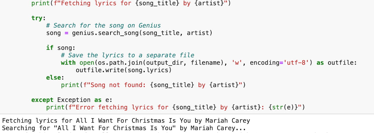 A screenshot of our Python notebook where we ran Claude’s scripts. This script takes Billboard Top 100 songs and fetches their lyrics from the Genius.com API.