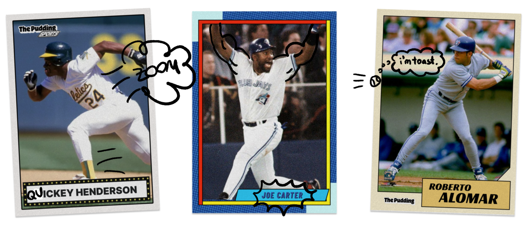 Three baseball cards for Rickey Henderson, Joe Carter, and Roberto Alomar