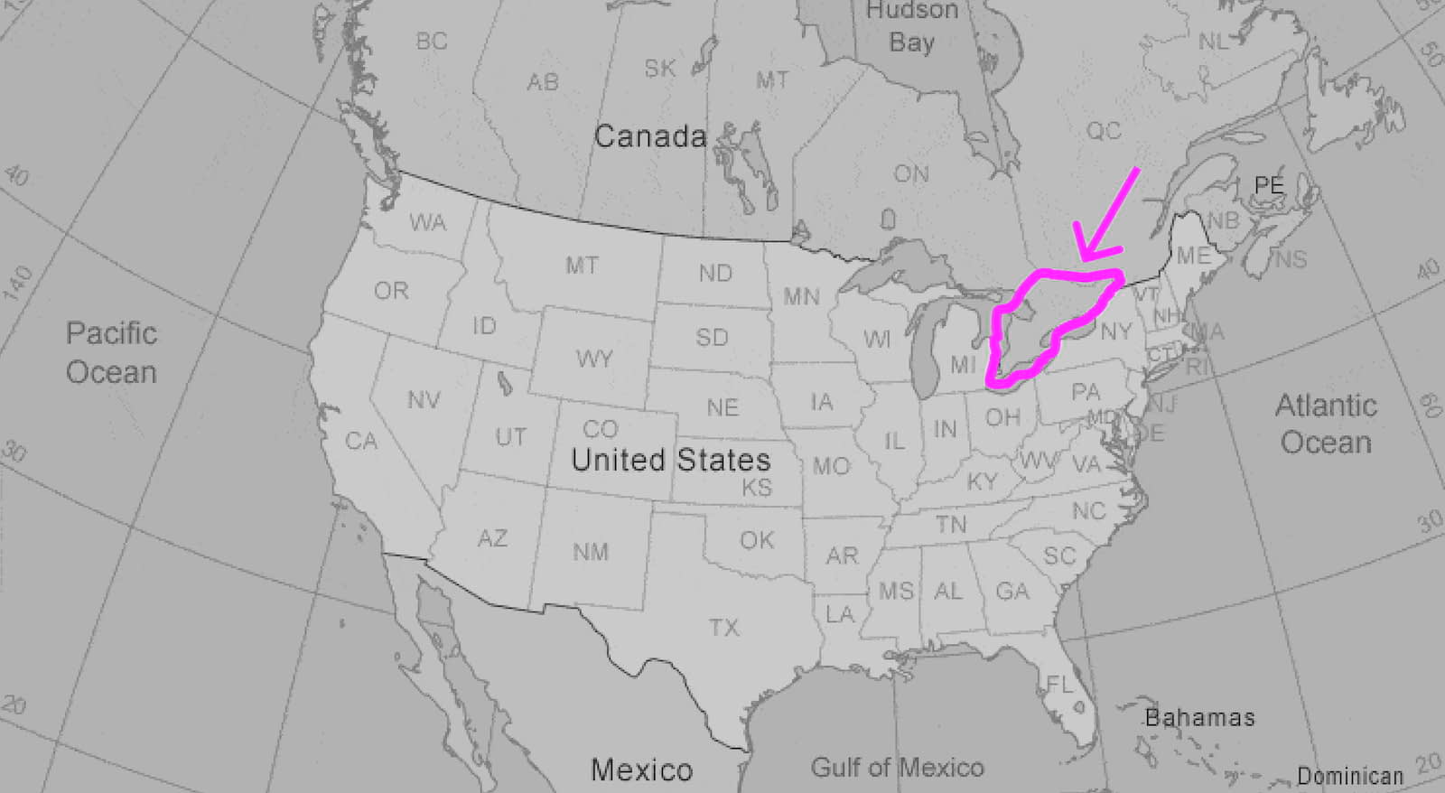 Map highlighting the southern region of Ontario