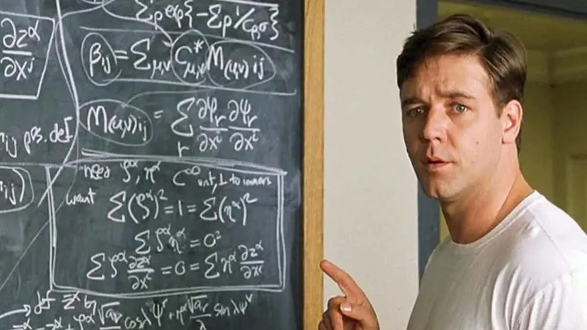 screenshot from A Beautiful Mind of a person and a chalkboard