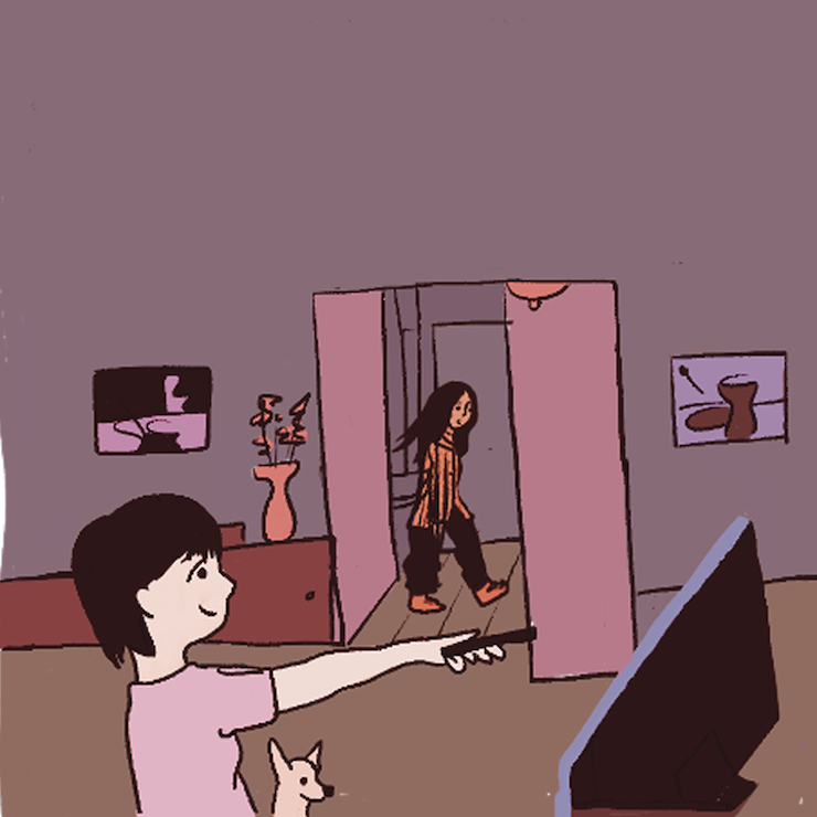 Middle-age woman watching TV and her daughter leaving the room