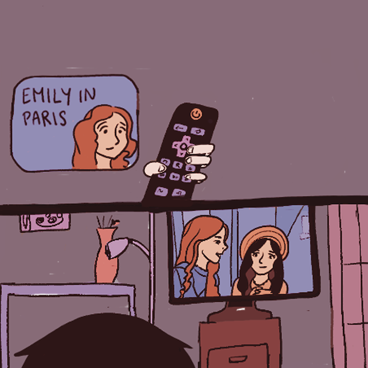 Emily in Paris on TV, and Haimei watching in her living room