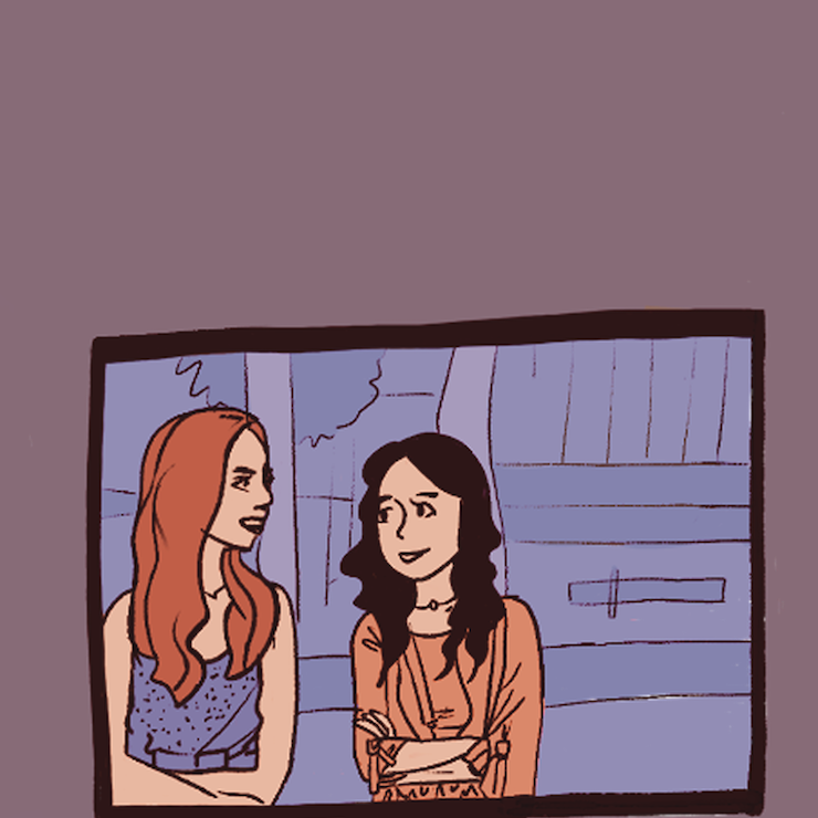 An Asian character talking to a white character