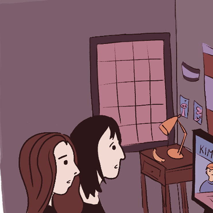 Two women watching Kim's Convenience in their apartment