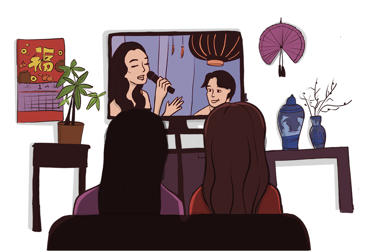 Two women watching TV in a living room with two Chinese vases, a fan, and a calendar