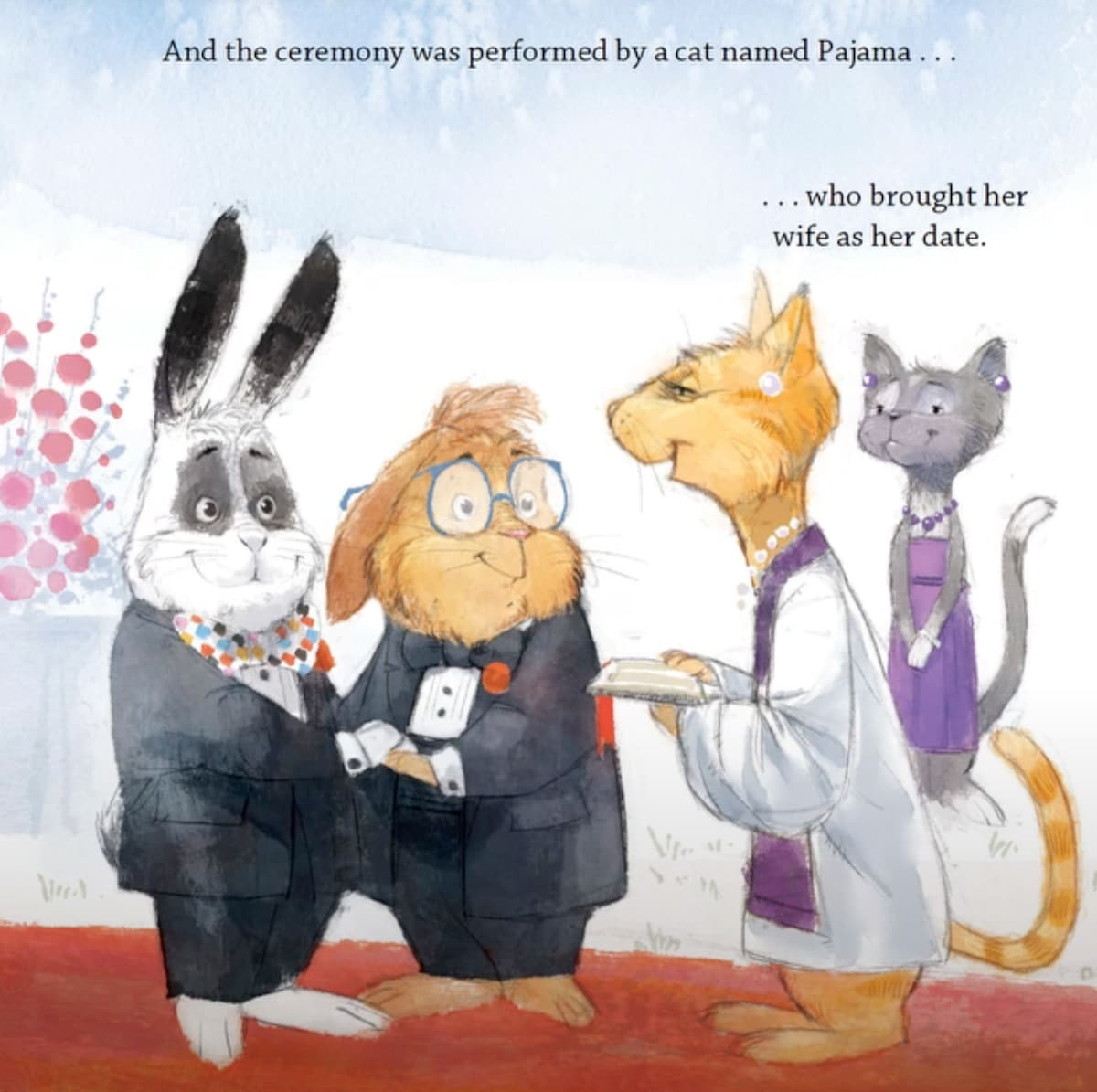 An illustration shows two male animals—a bunny with black ears and a bowtie, and a brown rabbit with glasses—holding paws at their wedding ceremony. The officiant is a golden cat in a white robe and pearls, holding a religious text. Beside her stands her wife, a gray cat in a purple dress and necklace. The text reads: "And the ceremony was performed by a cat named Pajama...who brought her wife as her date."