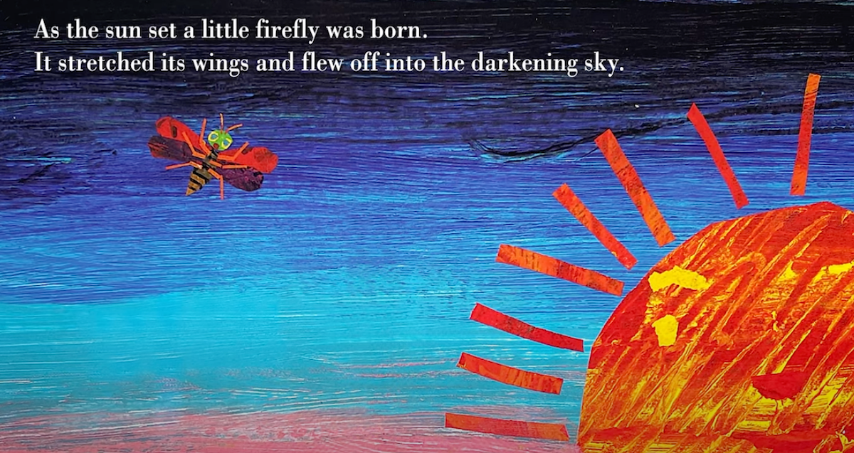 A vibrant illustration shows a firefly with red wings and a green face flying through a twilight sky. On the right, the orange sun sets below the horizon, casting red rays into the deepening blue and purple sky. The text at the top reads: "As the sun set a little firefly was born.