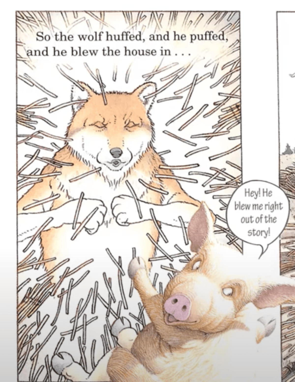 An illustrated page from <em>The Three Pigs</em> (2001) showing a wolf with eyes closed, cheeks puffed, and paws raised as he blows hard. Straw flies through the air, surrounding a pig who is tumbling backward out of the panel. The narration at the top reads: "So the wolf huffed, and he puffed, and he blew the house in…" The pig, mid-air and startled, has a speech bubble that says: "Hey! He blew me right out of the story!"