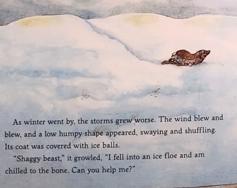 An illustration shows a snowy arctic landscape under a night sky glowing with northern lights. On the left, a wolverine covered trudges through the snow. On the right, a large, shaggy musk ox named Cozy stands in the snow, sheltering several small animals beneath him. The text reads: "As winter went by, the storms grew worse. The wind blew and blew, and a low humpy shape appeared, swaying and shuffling. Its coat was covered with ice balls. 'Shaggy beast,' it growled, 'I fell into an ice floe and am chilled to the bone. Can you help me?' Cozy was happy to invite the wolverine in, but added to the house rules. 'Quiet voices, gentle thumping, claws to yourself, no biting, and no pouncing.'"