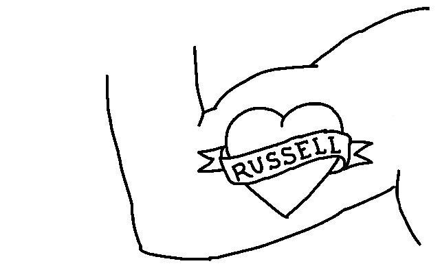 illustration of tattoo on bicep that says Russell with a heart