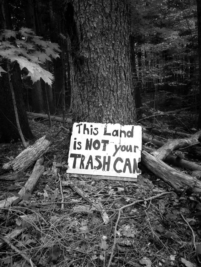 photograph of sign that says This land is not your trash can