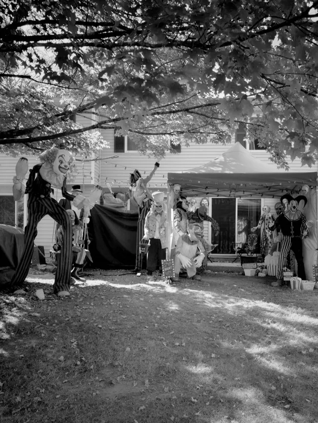 photograph of clown decorations on a lawn