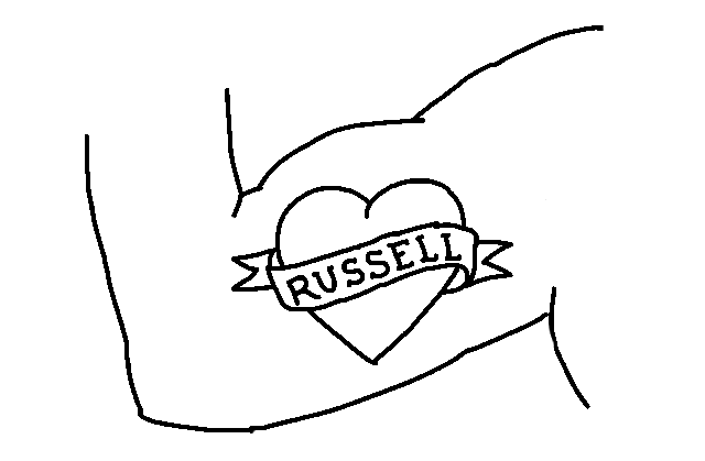 illustration of tattoo on bicep that says Russell with a heart