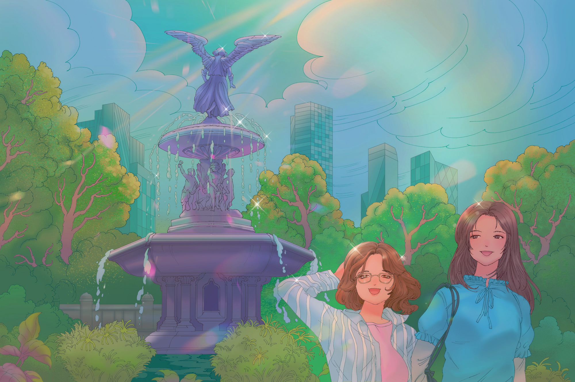 Minji and Eunice in front of a fountain in Central Park.