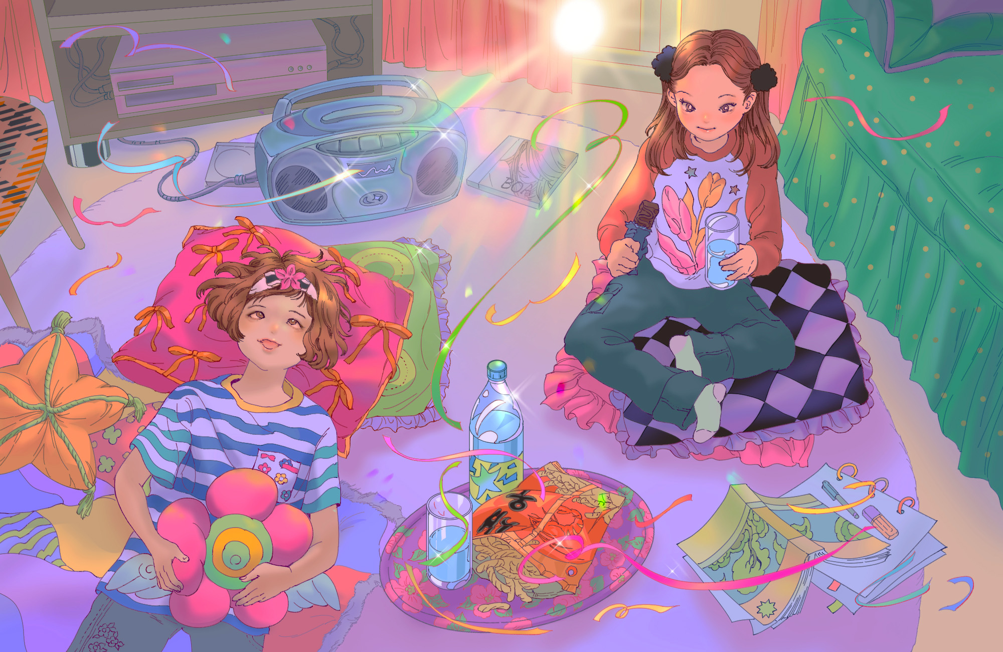 Young Minji and Eunice sitting on the floor listening to BoA on a boombox, surrounded by snacks and comfy pillows