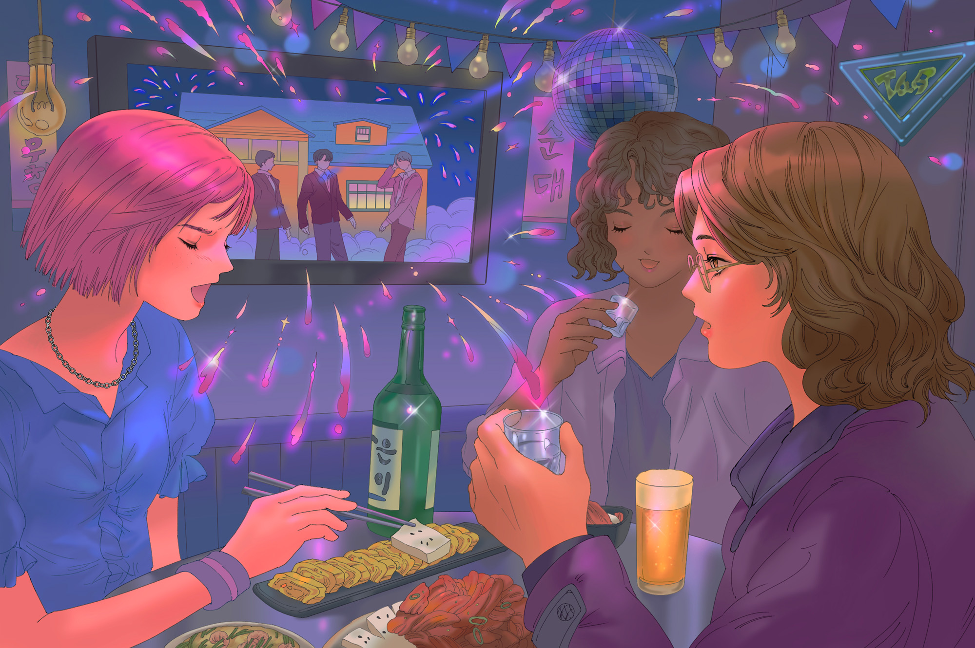 Minji, Eunice, and their friend at a Koreatown pocha drinking soju and eating.