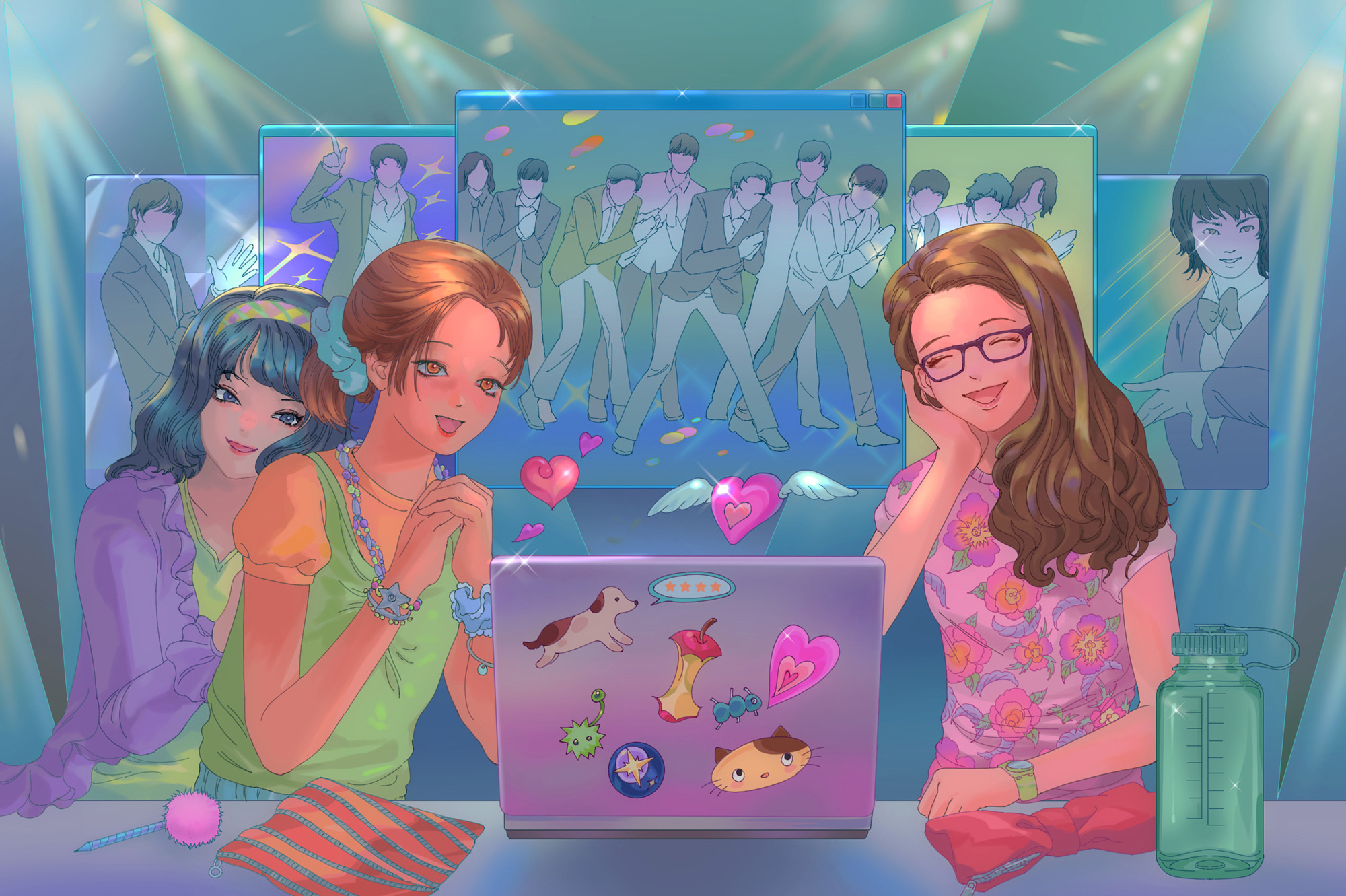 Young Minji and Eunice with their friend watching K-pop music videos on a laptop.