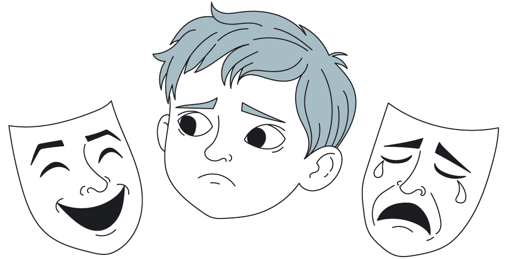 Illustration of an anxious kid, looking between two theater masks. One is smiling, the other crying.