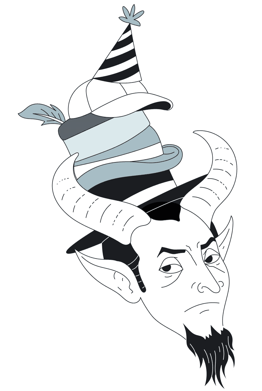 Illustration of the devil, balancing a stack of different hats on his head.