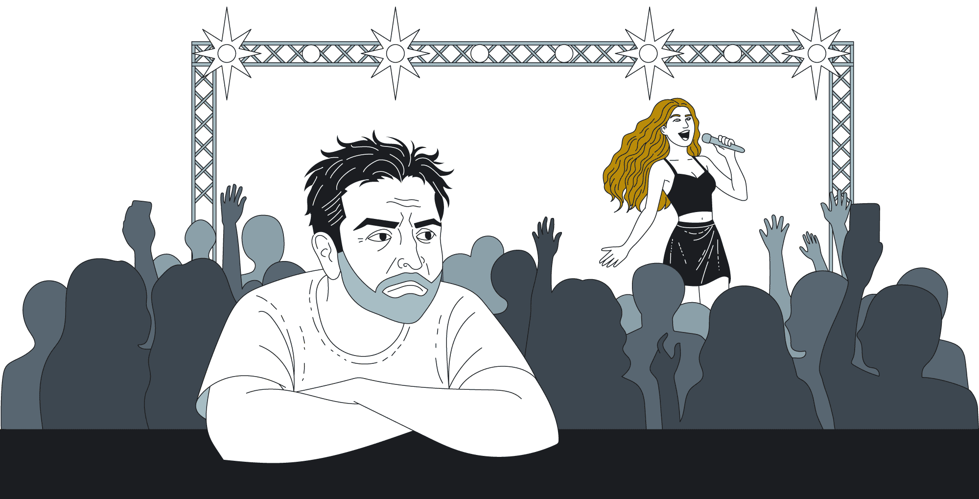 Illustration of a tired and bored dad at a Taylor Swift concert. He’s leaning against a barricade, looking off into the distance as the crowd behind him cheers and dances.