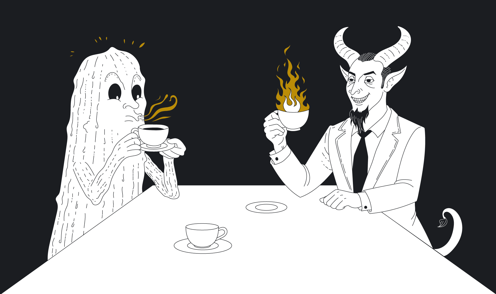 Illustration of the Devil and an anthropomorphic cucumber, having tea together. The Devil’s tea cup is on fire, and the cucumber’s is cooling as the cucumber blows on it.