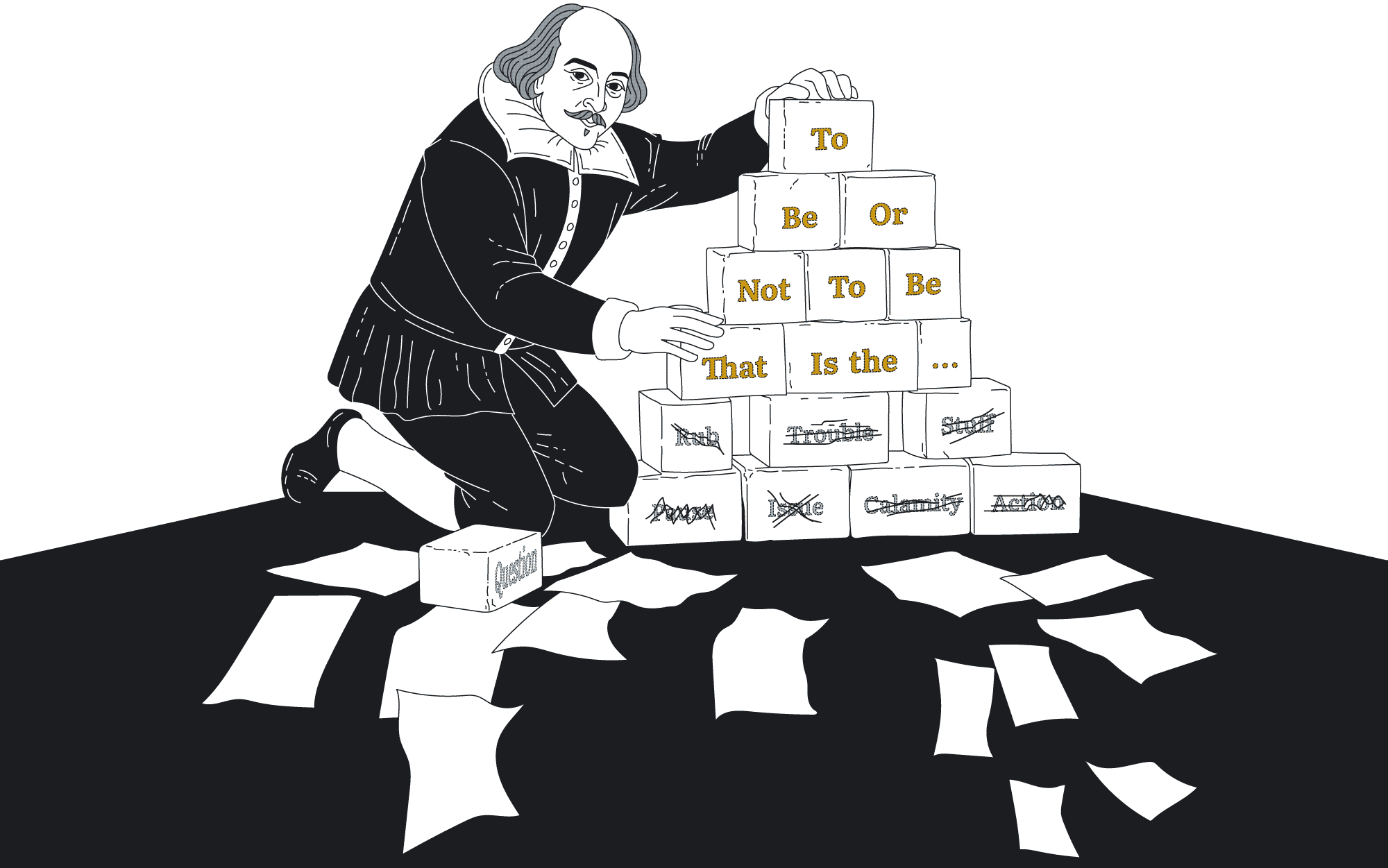 Illustration of Shakespeare, stacking blocks with words to form the quote “To be or not to be, that is the question.”