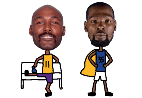 Two cartoon-style basketball player illustrations with oversized photographic heads on small drawn bodies. Malone is icing his knee on a bench, Durant is in a superman pose with a cape.