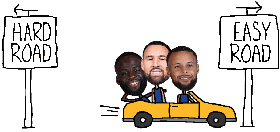 Three cartoon-style basketball player illustrations with oversized photographic heads on small drawn bodies, in a yellow convertible. They are heading towards a sign that says “easy road” and away from one that says “hard road.”