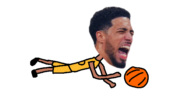 A cartoon-style illustration of Tyrese Haliburton with an oversized photographic head on a small drawn body diving for a ball with a look of pain on his face.